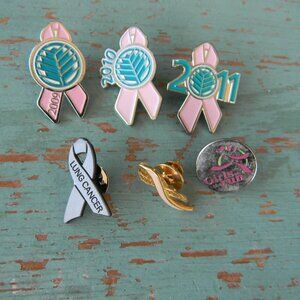 Breast LUNG Cancer Awareness Pink Ribbon Pins Lot Set Of 6 METAL PIN BACKS